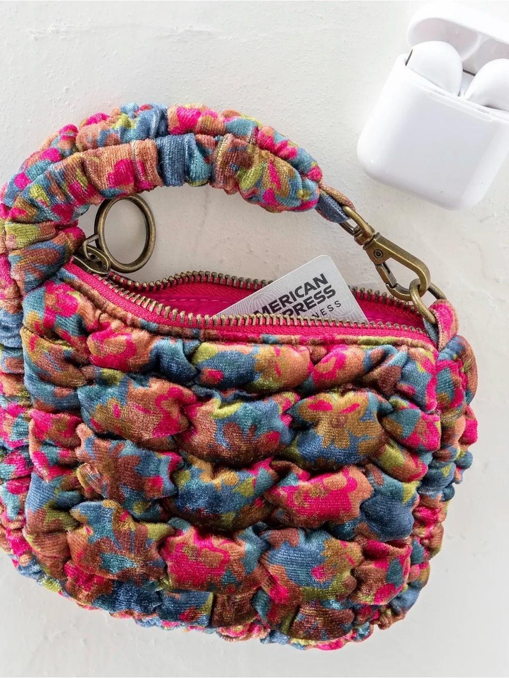 Natural Life Puffy Velvet Mini Clip-On Pouch - Teal Pink Floral Velvet